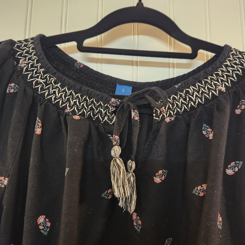 Old Navy Women Black Floral Print Peasant Tunic Top Size L Whimsygoth Boho Flowy - Picture 3 of 13